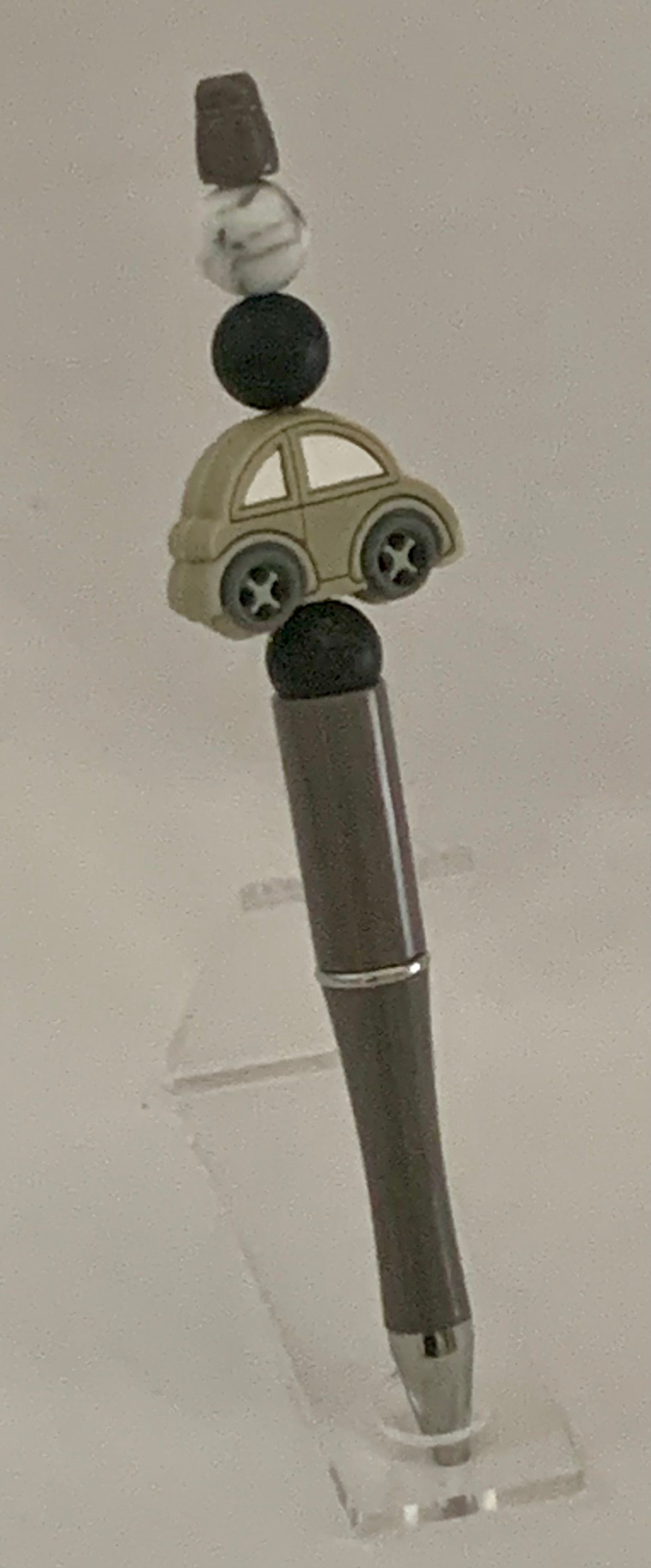 Handmade Car Charm Beaded Pen - Charcoal & Cream