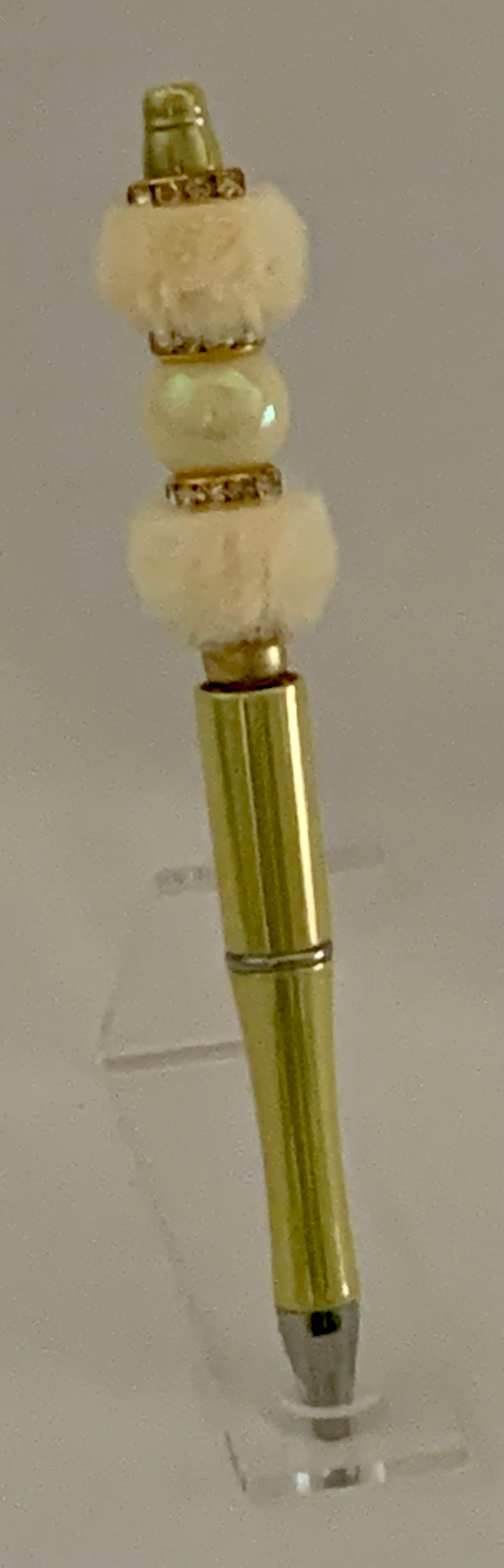 Handmade Pom Pom & Pearl Beaded Pen - Gold & Cream