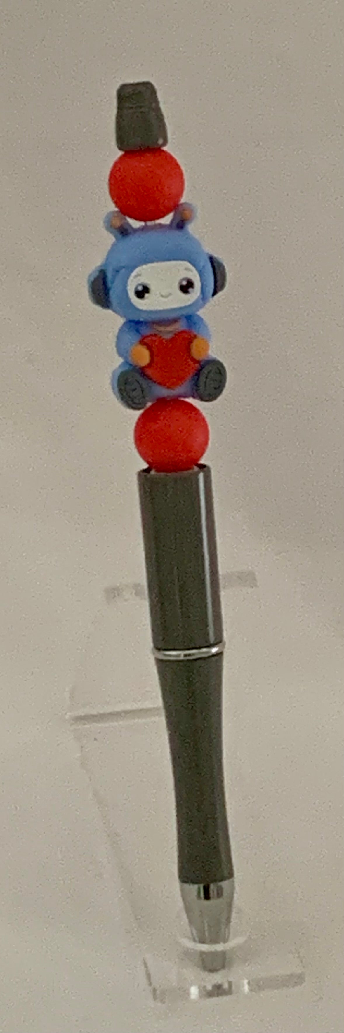 Handmade Kawaii Monster & Heart Beaded Pen - Gunmetal & Blue