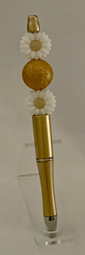 Handmade Daisy & Amber Beaded Pen - Gold & White