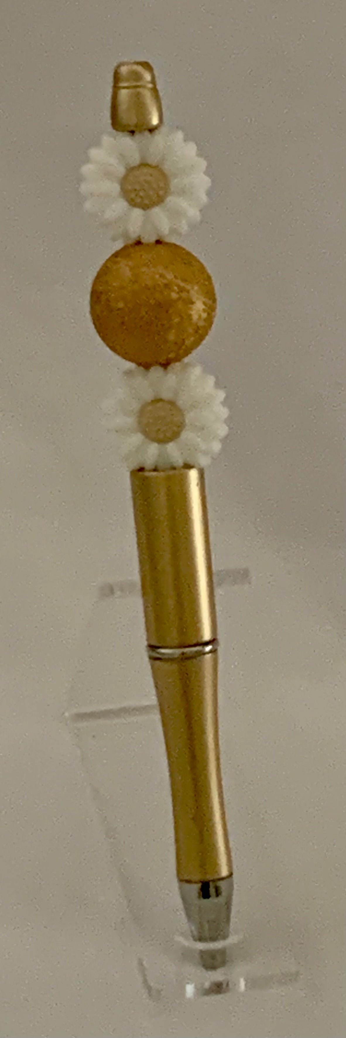Handmade Daisy & Amber Beaded Pen - Gold & White