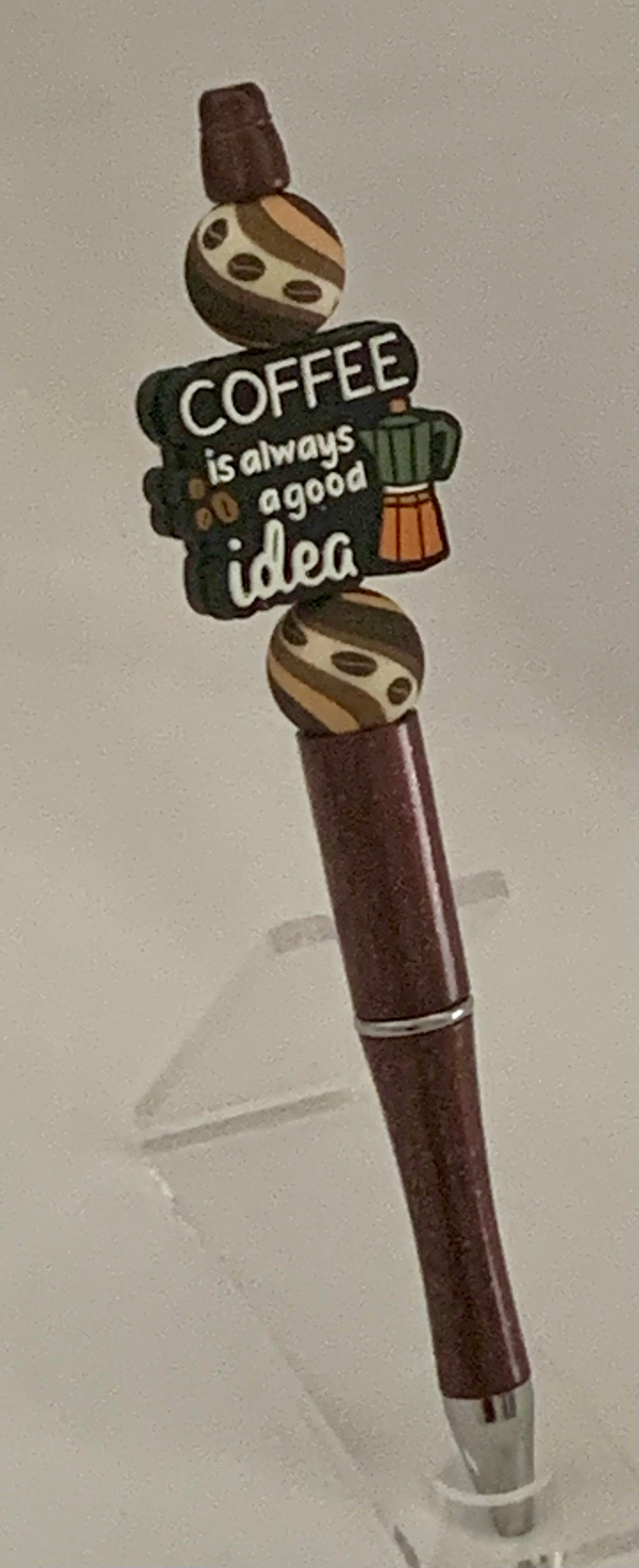Handmade Coffee Lover Beaded Pen - Dark Brown & Green