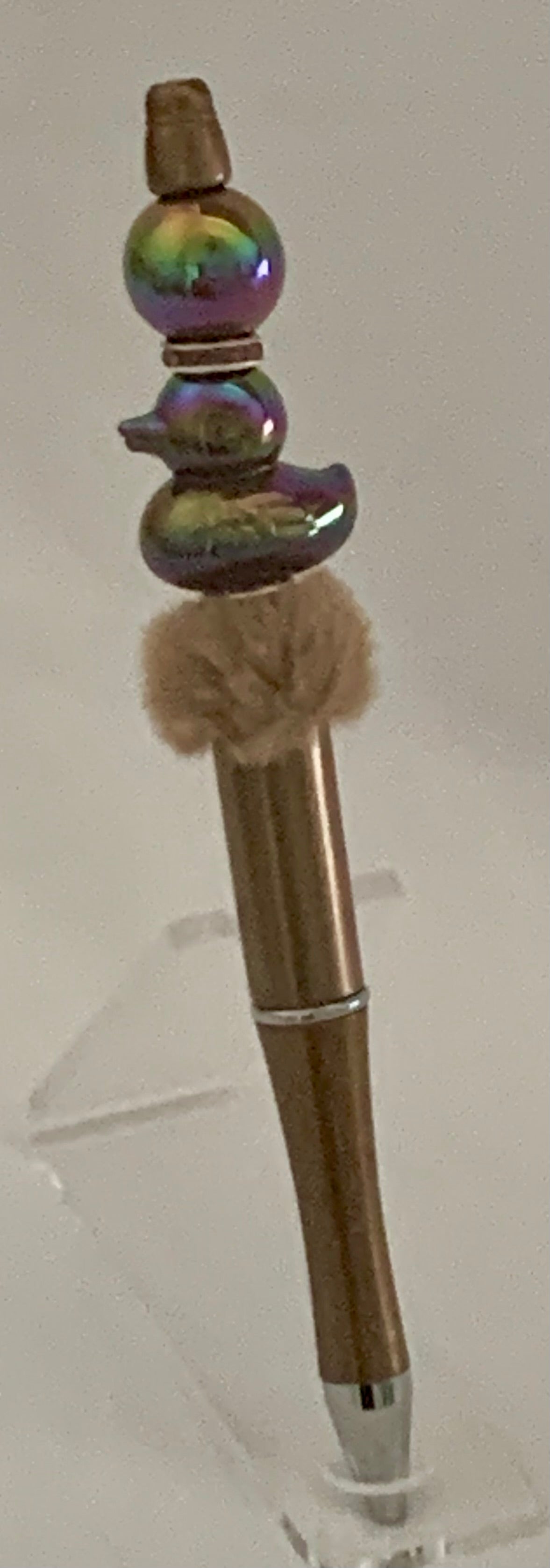 Handmade Iridescent Duck Charm Beaded Pen – Bronze & Fluffy