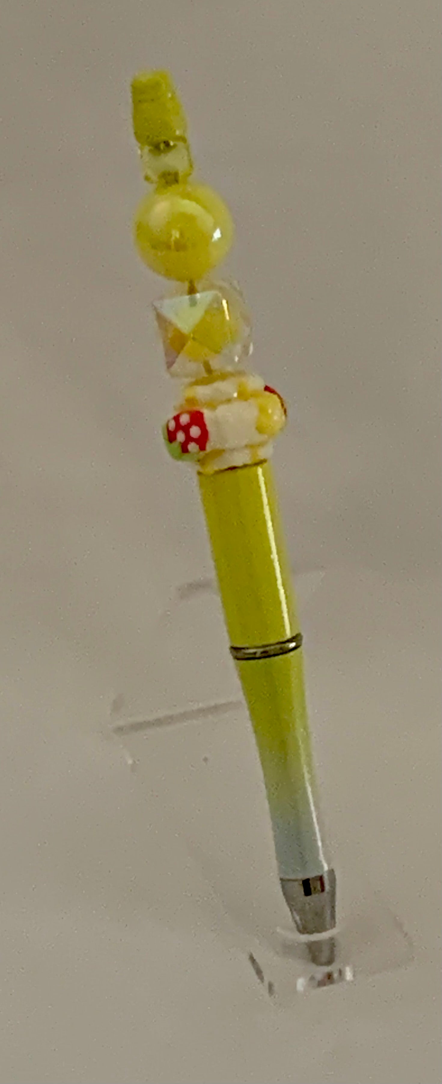 Handmade Mushroom & Crystal Beaded Pen - Lime Yellow & Red