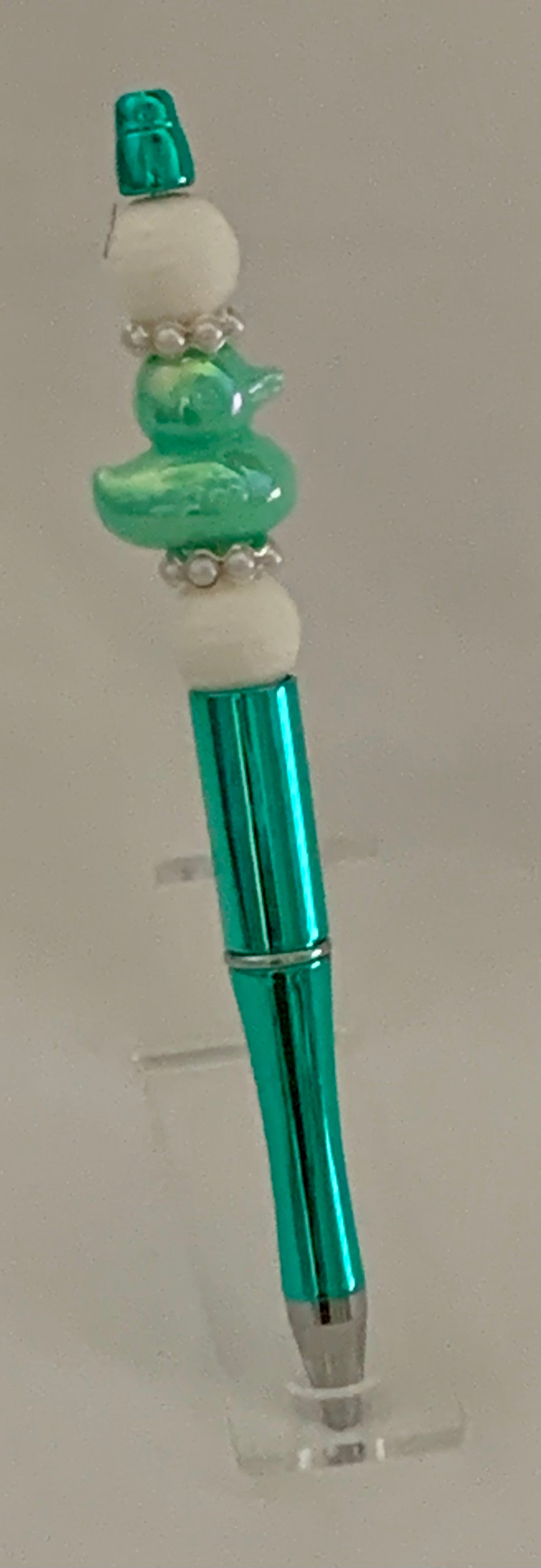 Handmade Duck & Pearl Cluster Beaded Pen - Teal & White