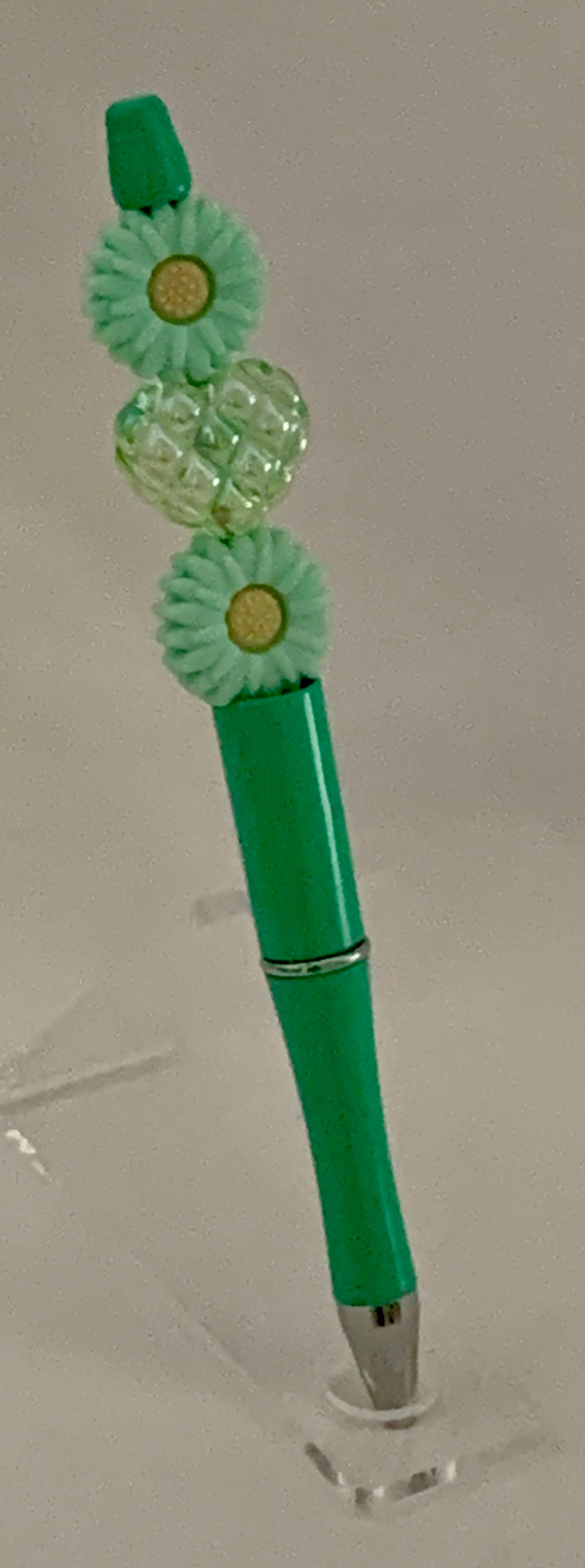 Handmade Daisy Flower Beaded Pen – Teal & Green