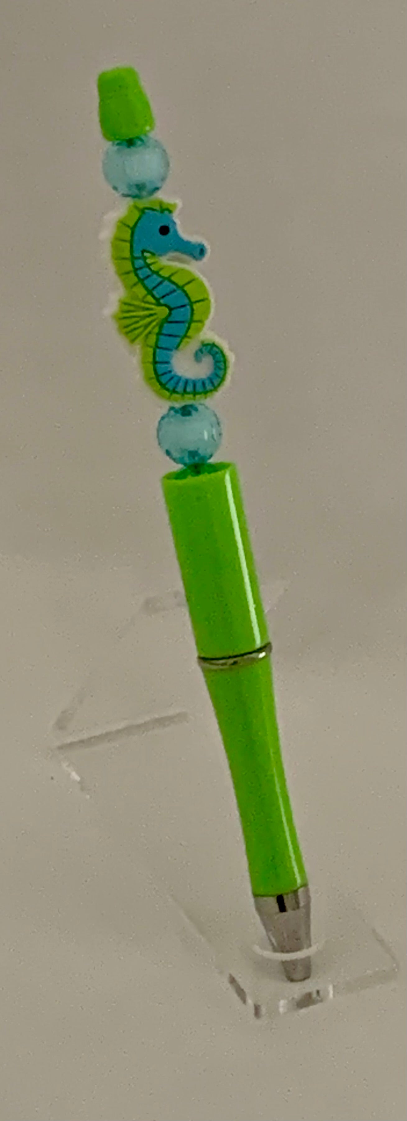 Handmade Seahorse Beaded Pen - Lime Green & Teal Blue