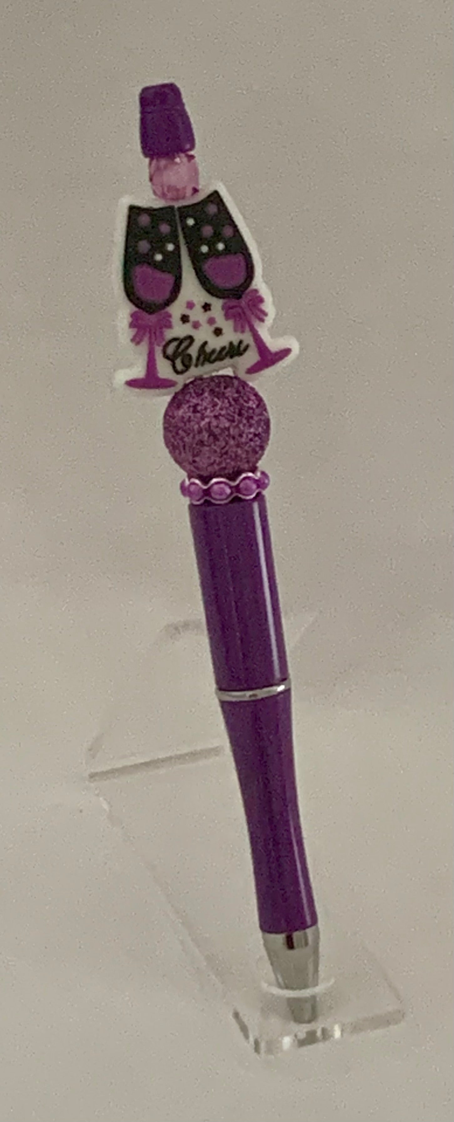 Handmade Cheers Champagne Beaded Pen - Deep Purple & Glitter