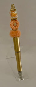 Handmade Peach Daisy & Pom Pom Beaded Pen - Gold & Peach