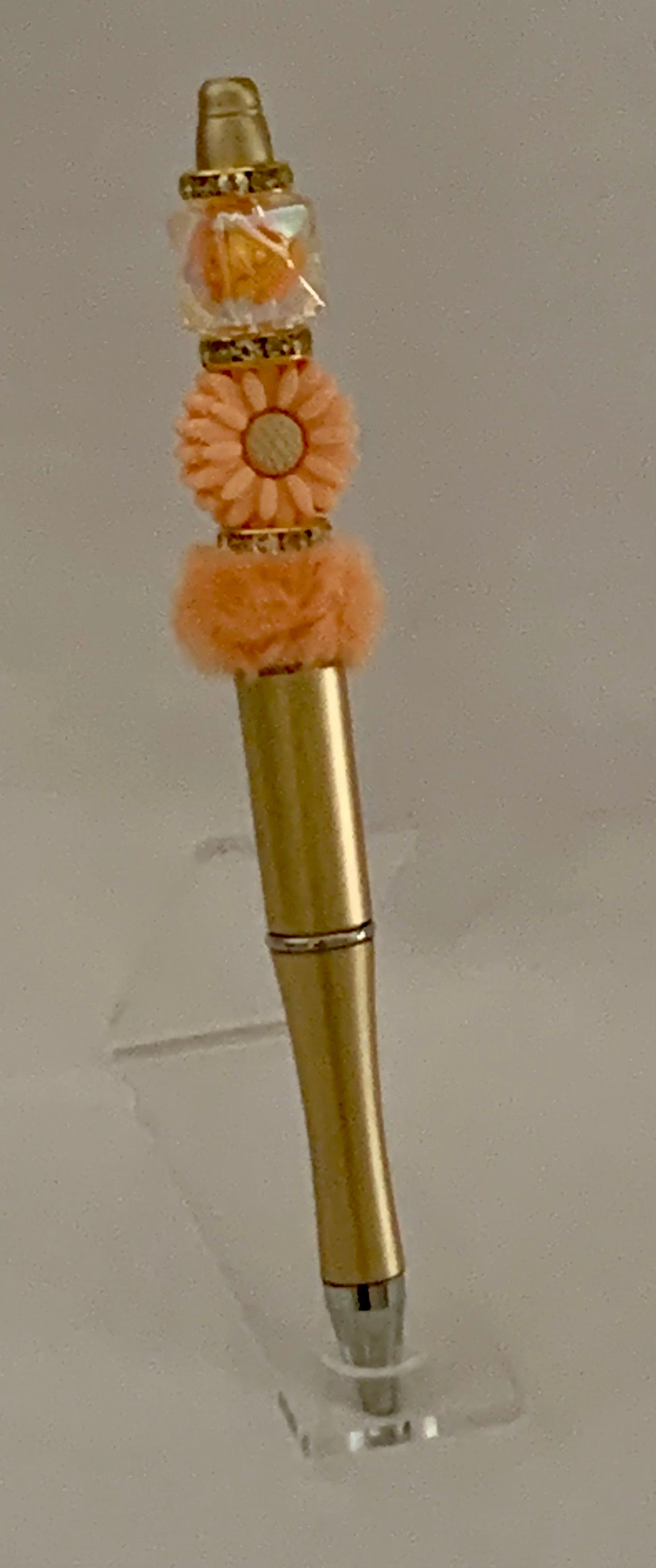 Handmade Peach Daisy & Pom Pom Beaded Pen - Gold & Peach