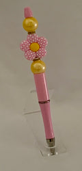 Handmade Checkerboard Flower & Pearl Beaded Pen - Pink & Yellow