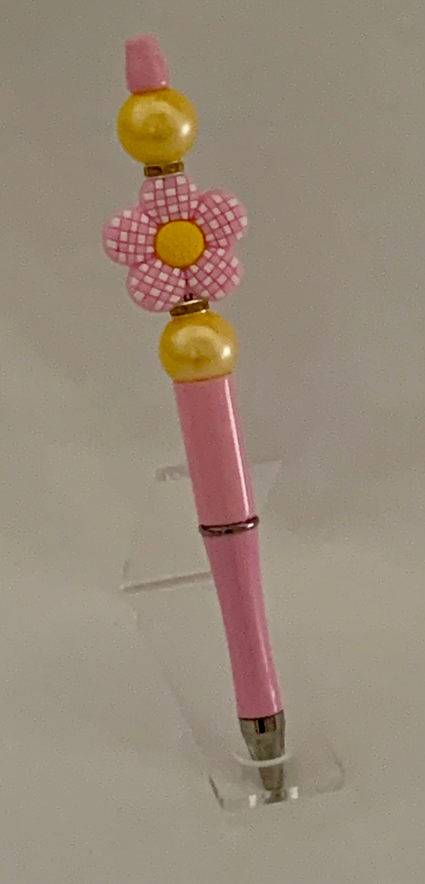Handmade Checkerboard Flower & Pearl Beaded Pen - Pink & Yellow