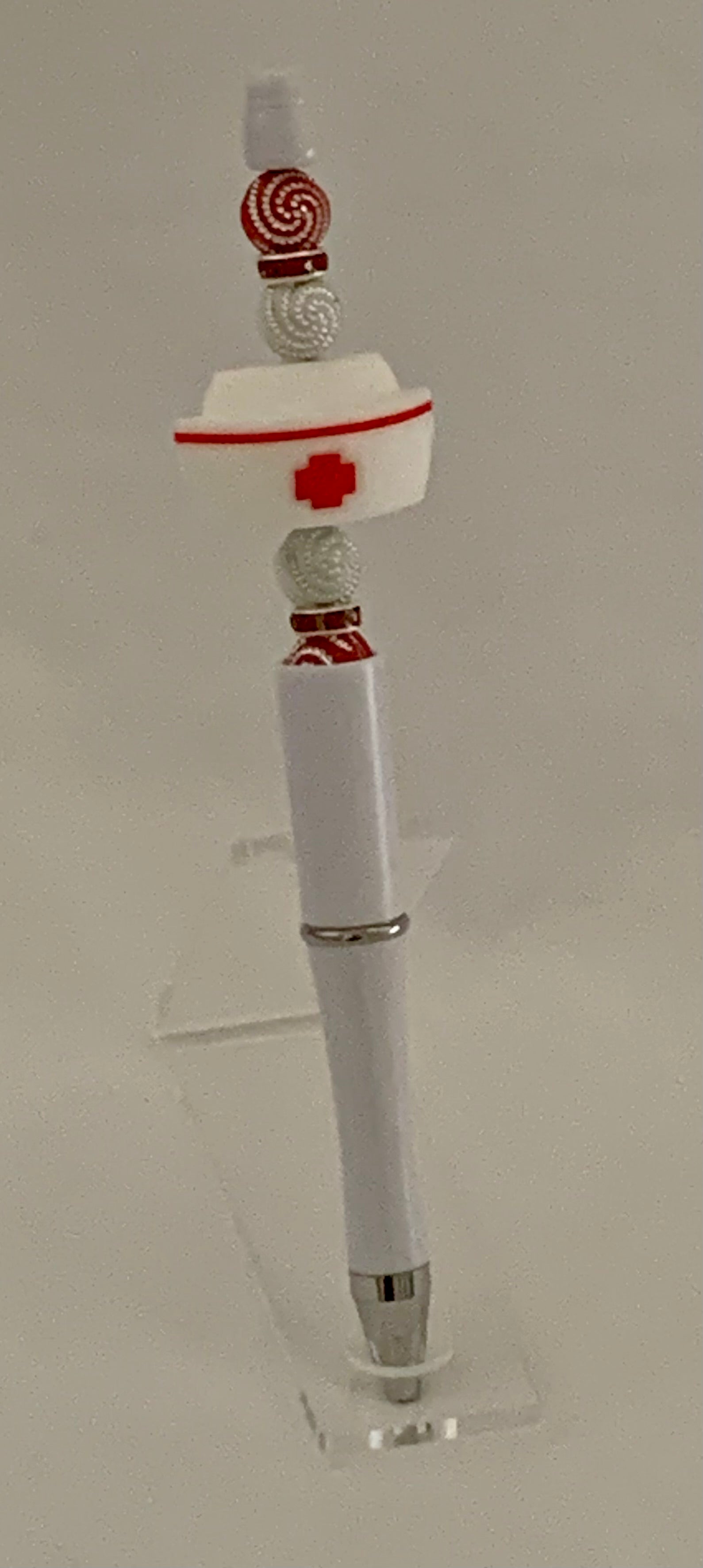 Handmade Nurse Cap Beaded Pen - White & Red
