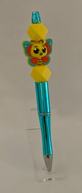 Handmade Kawaii Bee Butterfly Beaded Pen - Teal & Yellow