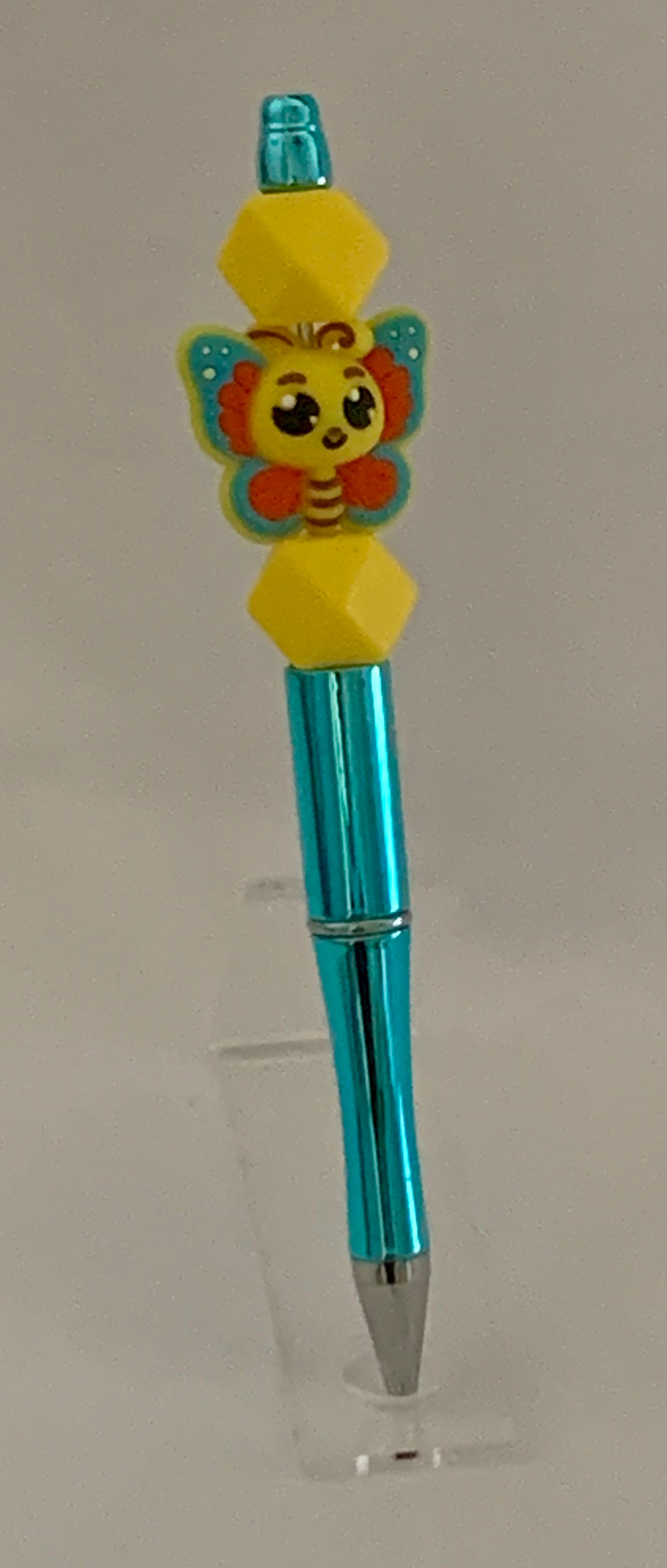 Handmade Kawaii Bee Butterfly Beaded Pen - Teal & Yellow