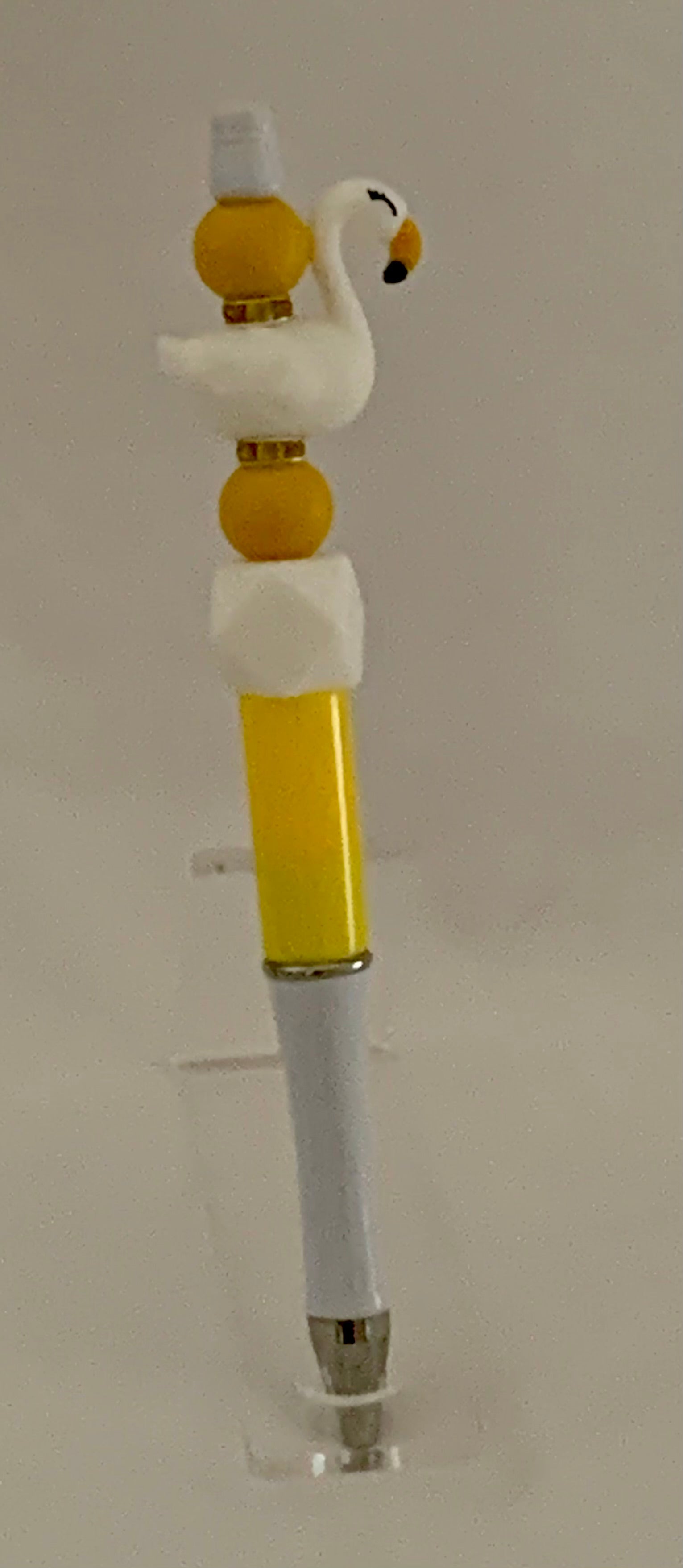 Handmade Swan & Pom Pom Beaded Pen - White & Yellow