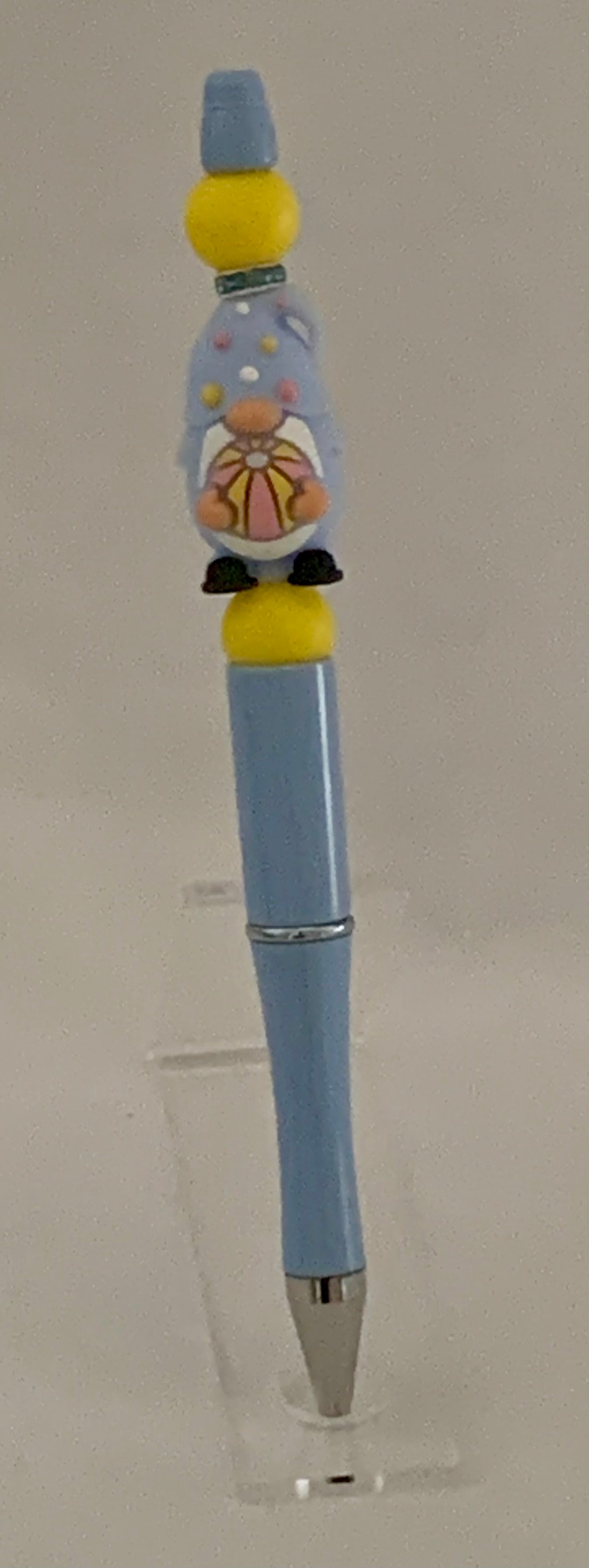 Handmade Gnome Charm Beaded Pen – Periwinkle Blue & Yellow