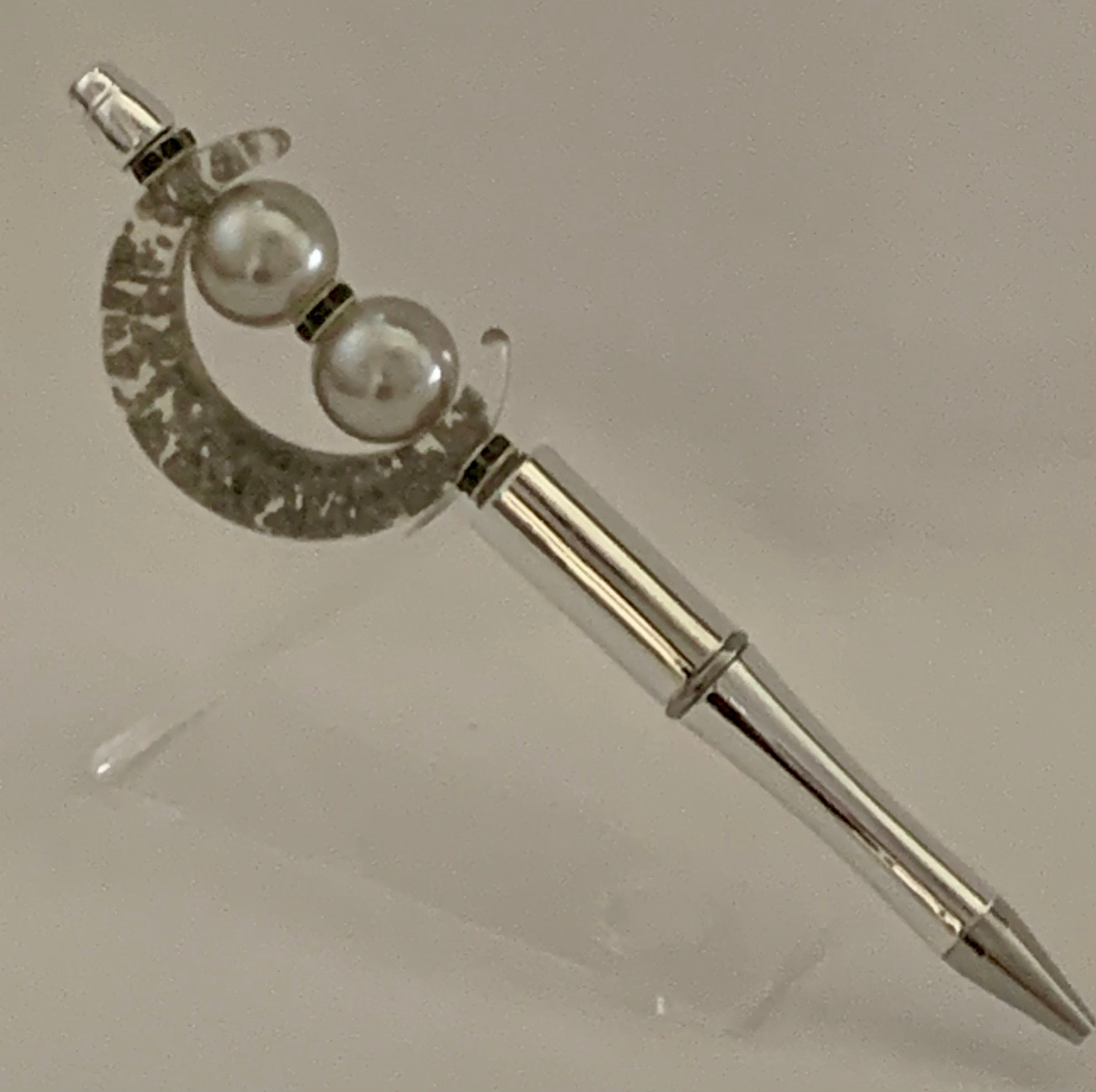 Beaded Pen - Silver Pearl Crescent Moon Clear Bead