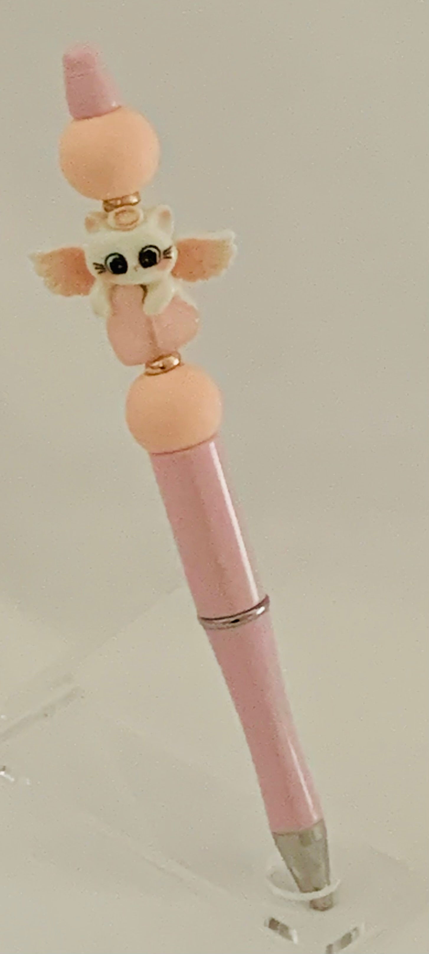 Beaded Pen - Blush Pink Peach Ball Beads Cute Cat Charm