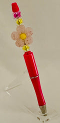 Beaded Pen - Hot Pink Cream Daisy Flower Bead Yellow Star Pink Beads
