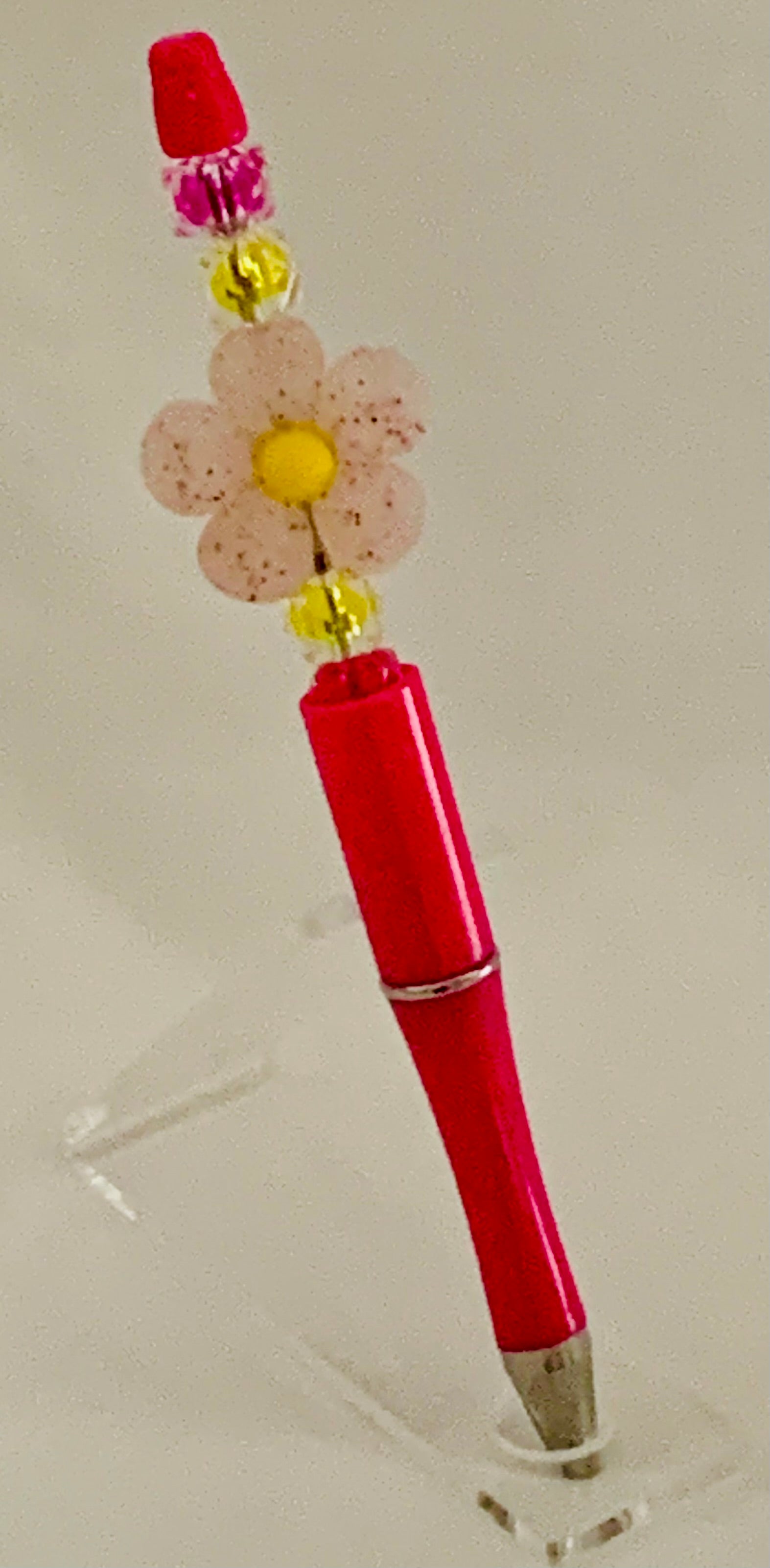 Beaded Pen - Hot Pink Cream Daisy Flower Bead Yellow Star Pink Beads