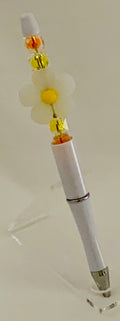 Beaded Pen - White Daisy Flower Bead Yellow Amber Faceted Beads