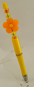 Beaded Pen - Yellow Orange Daisy Flower Bead Lime Green Faceted Beads
