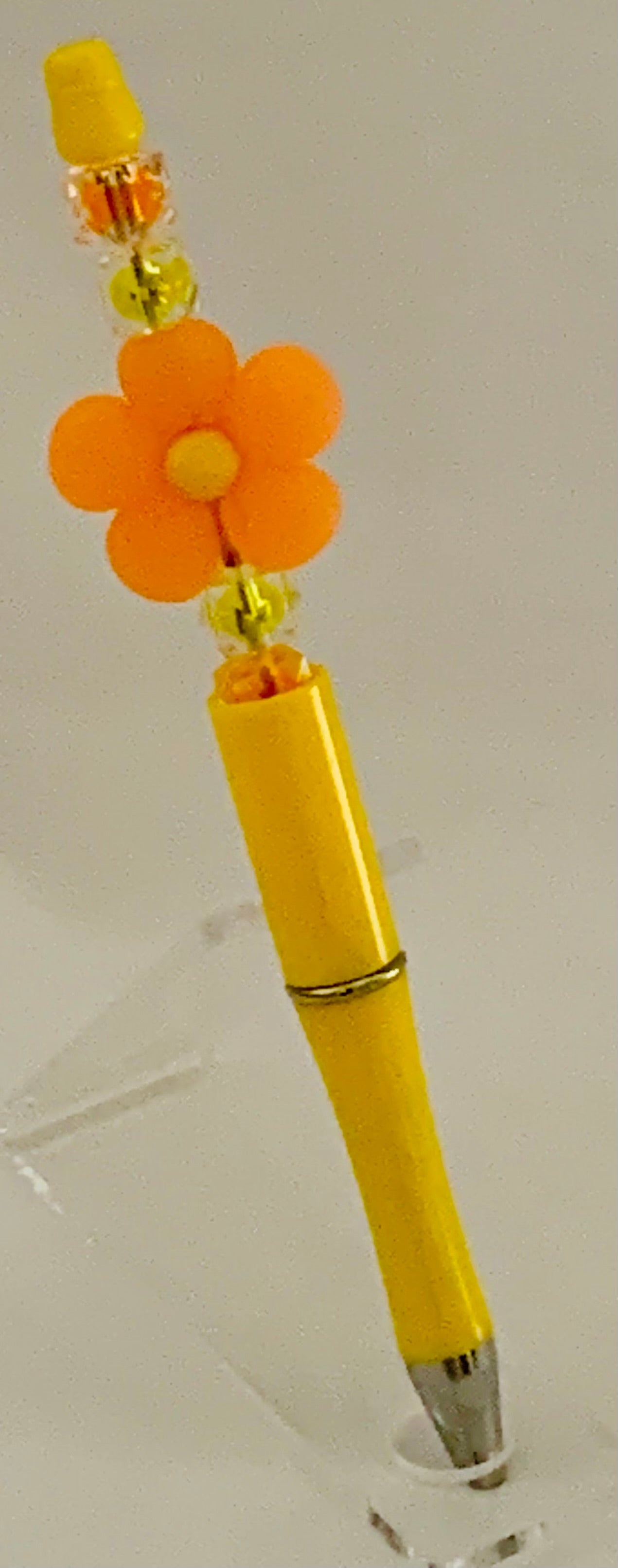 Beaded Pen - Yellow Orange Daisy Flower Bead Lime Green Faceted Beads