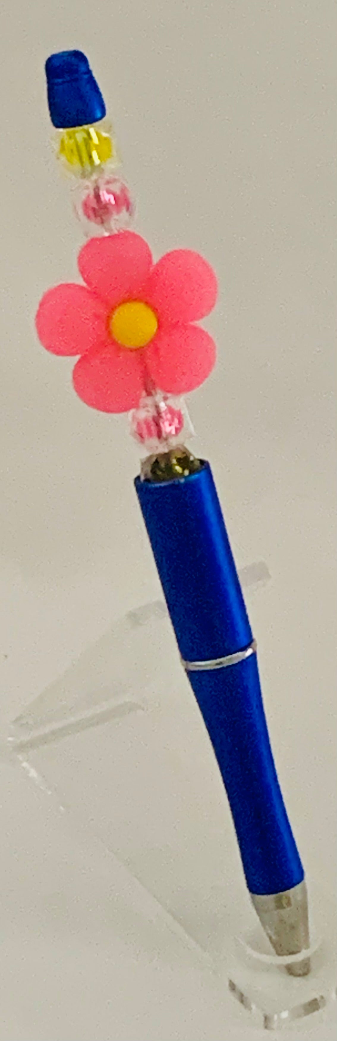 Beaded Pen - Blue Pink Daisy Flower Bead Yellow Pink Faceted Beads