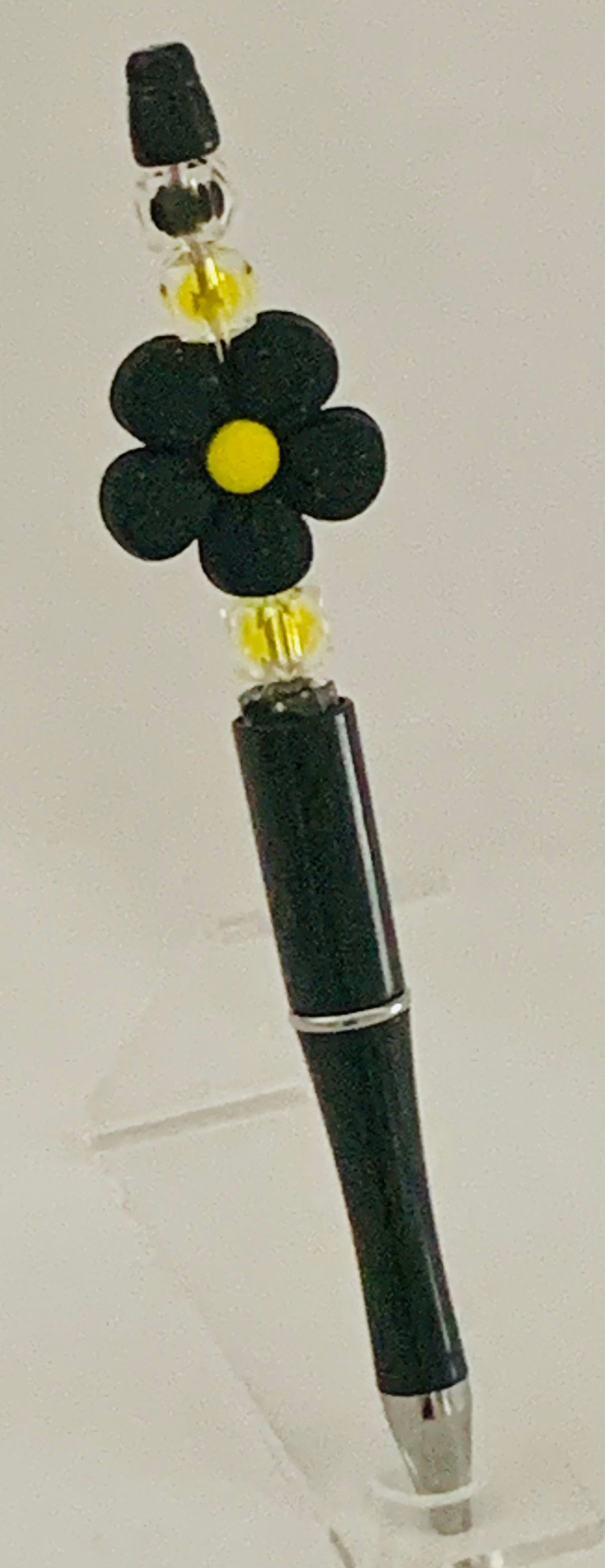 Beaded Pen - Black Daisy Flower Bead Yellow Faceted Beads