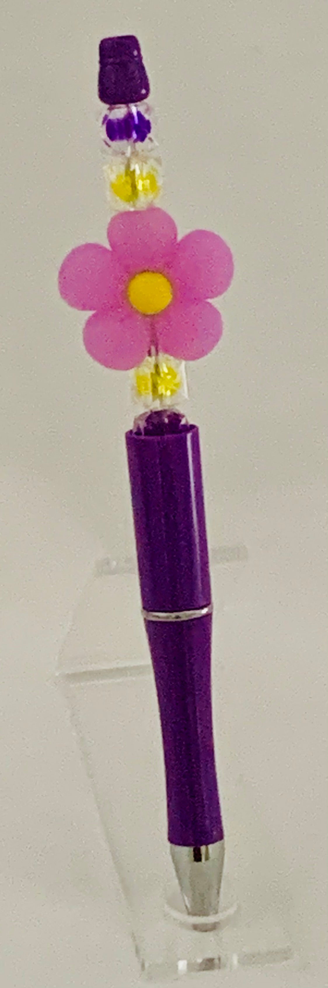 Beaded Pen - Purple Pink Daisy Flower Bead Purple Yellow Faceted Beads