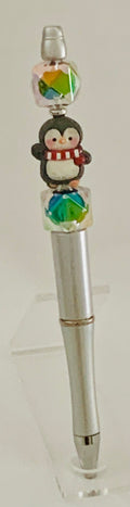 Beaded Pen - Silver Penguin Charm Red Scarf Iridescent Cube Beads