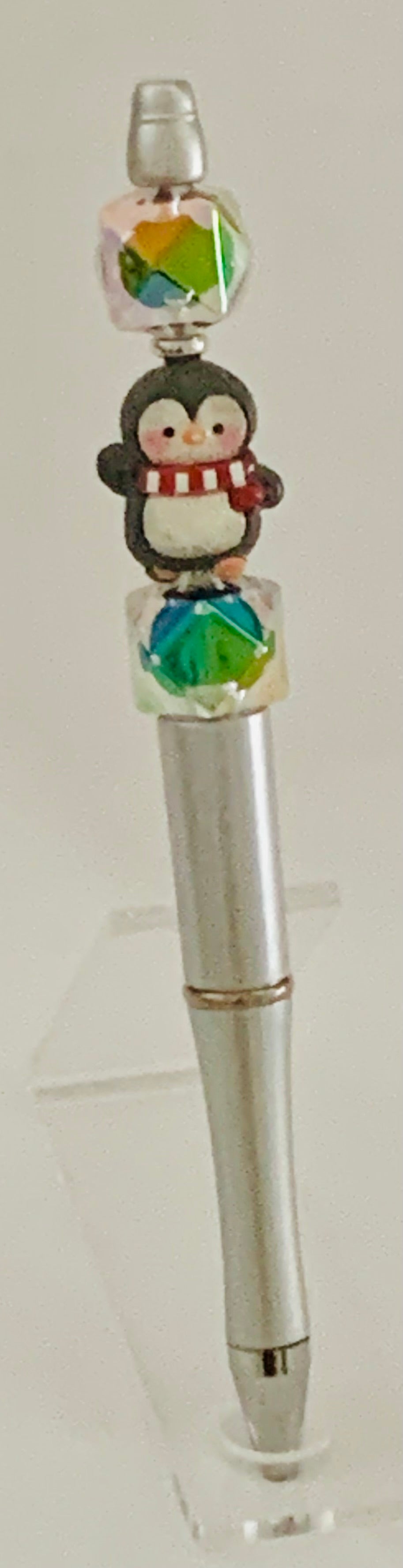 Beaded Pen - Silver Penguin Charm Red Scarf Iridescent Cube Beads