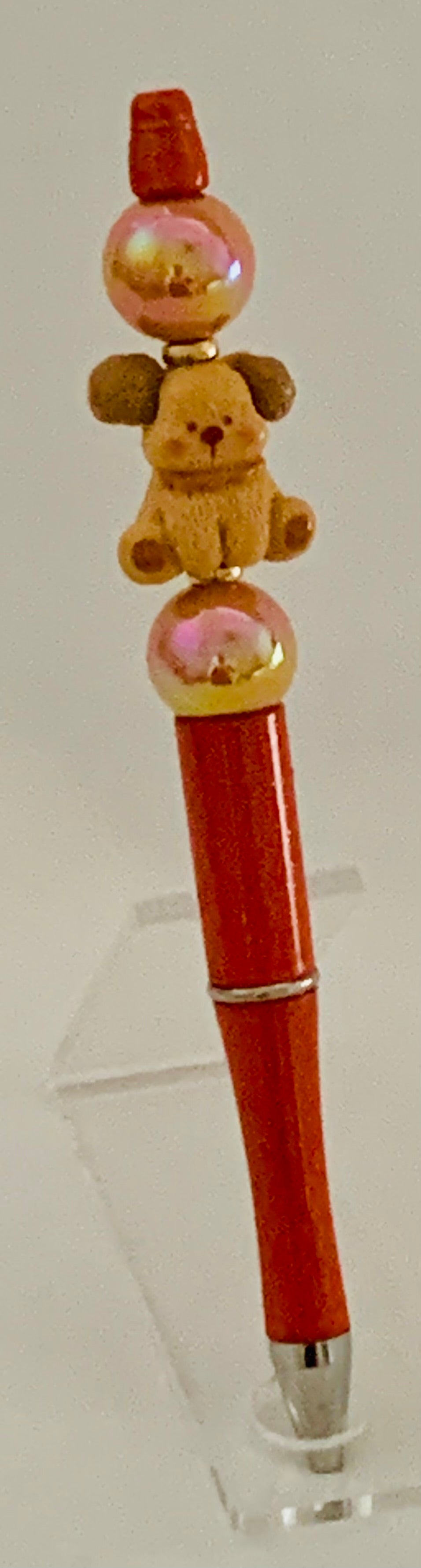Beaded Pen - Red Puppy Dog Charm Iridescent Pink Gold Ball Beads