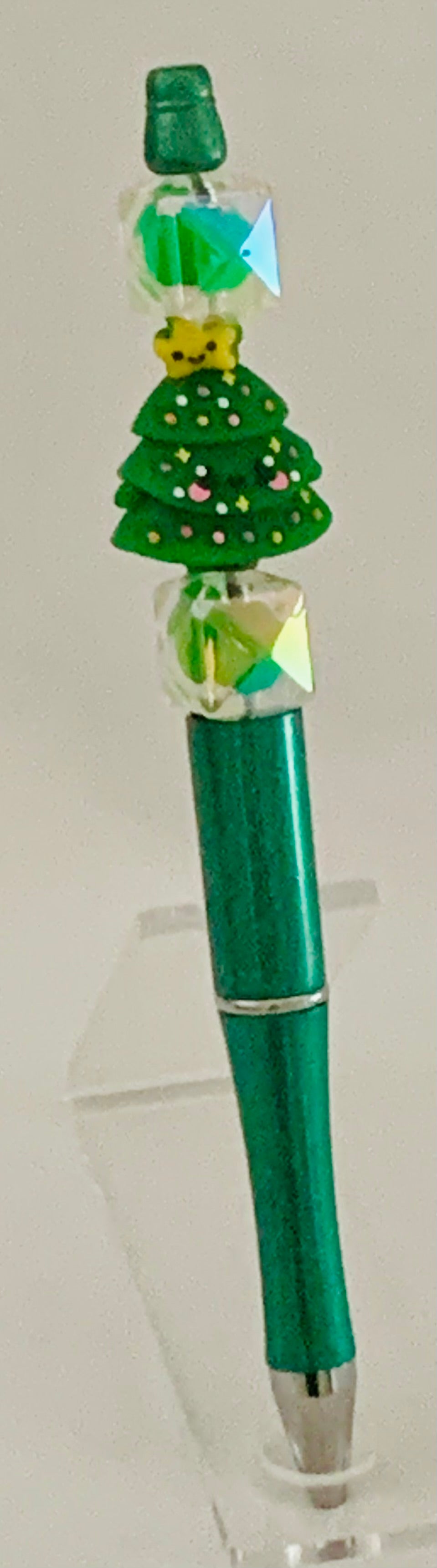 Beaded Pen - Teal Christmas Tree Charm Yellow Star Iridescent Green Cube Beads