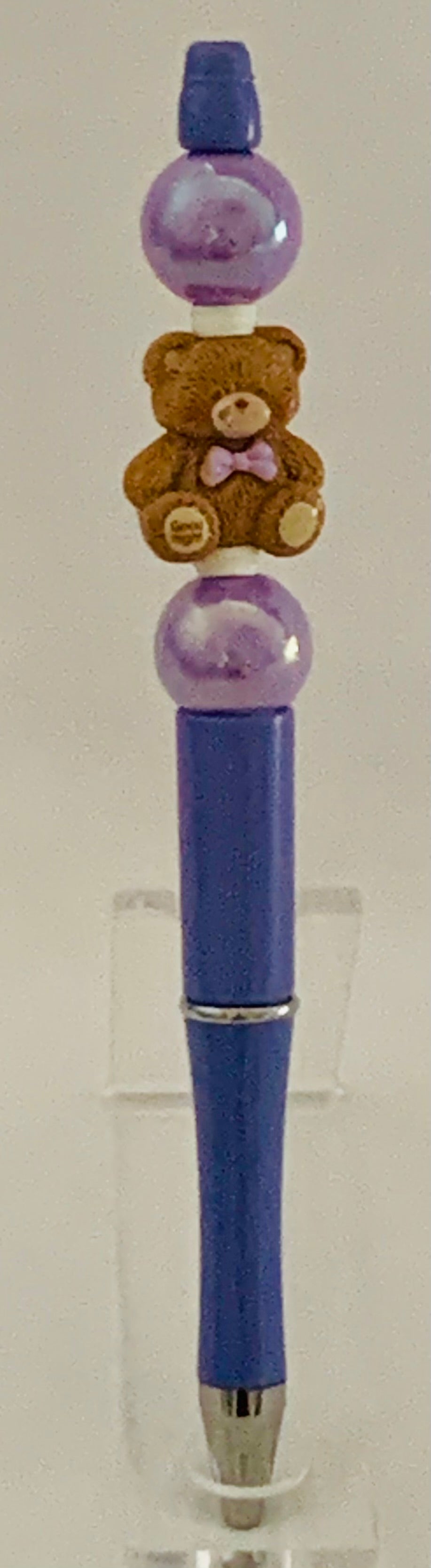 Beaded Pen - Purple Teddy Bear Charm Pink Bow Tie Lavender Pearl Ball Beads
