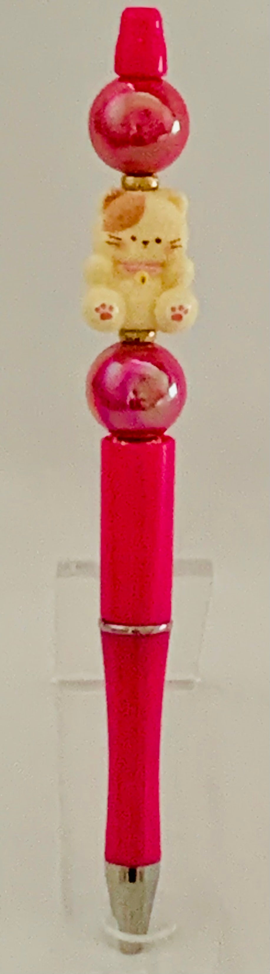 Beaded Pen - Hot Pink Cat Charm Shiny Pink Ball Beads
