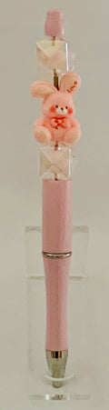 Beaded Pen - Pink Bunny Charm Love Heart Clear Iridescent Cube Beads