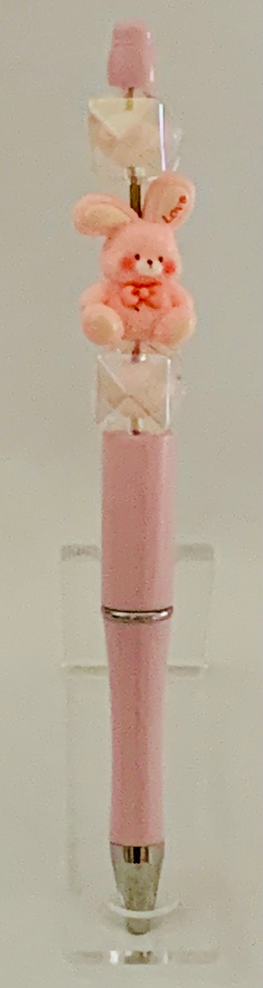 Beaded Pen - Pink Bunny Charm Love Heart Clear Iridescent Cube Beads
