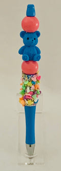 Beaded Pen - Blue Teddy Bear Charm Coral Ball Beads Confetti Heart Barrel