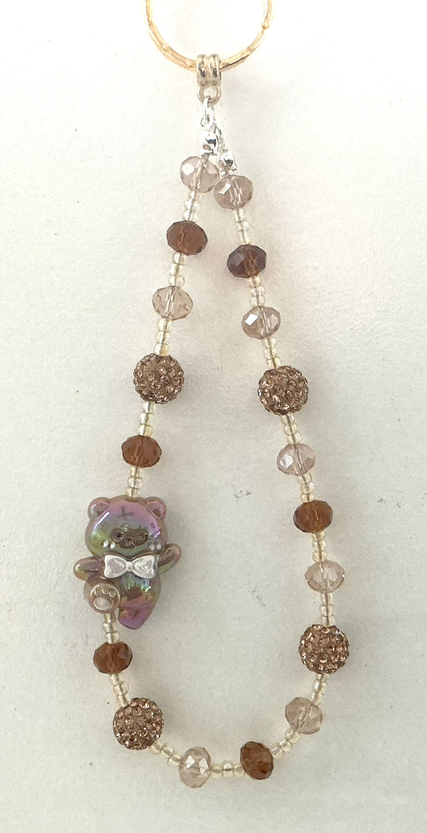 Iridescent Bear Champagne Rhinestone Beaded Phone Charm