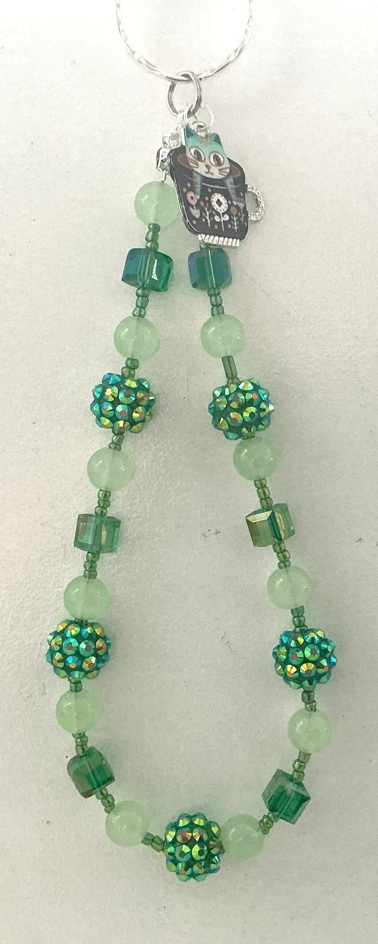 Robot Cat Green Rhinestone Beaded Phone Charm