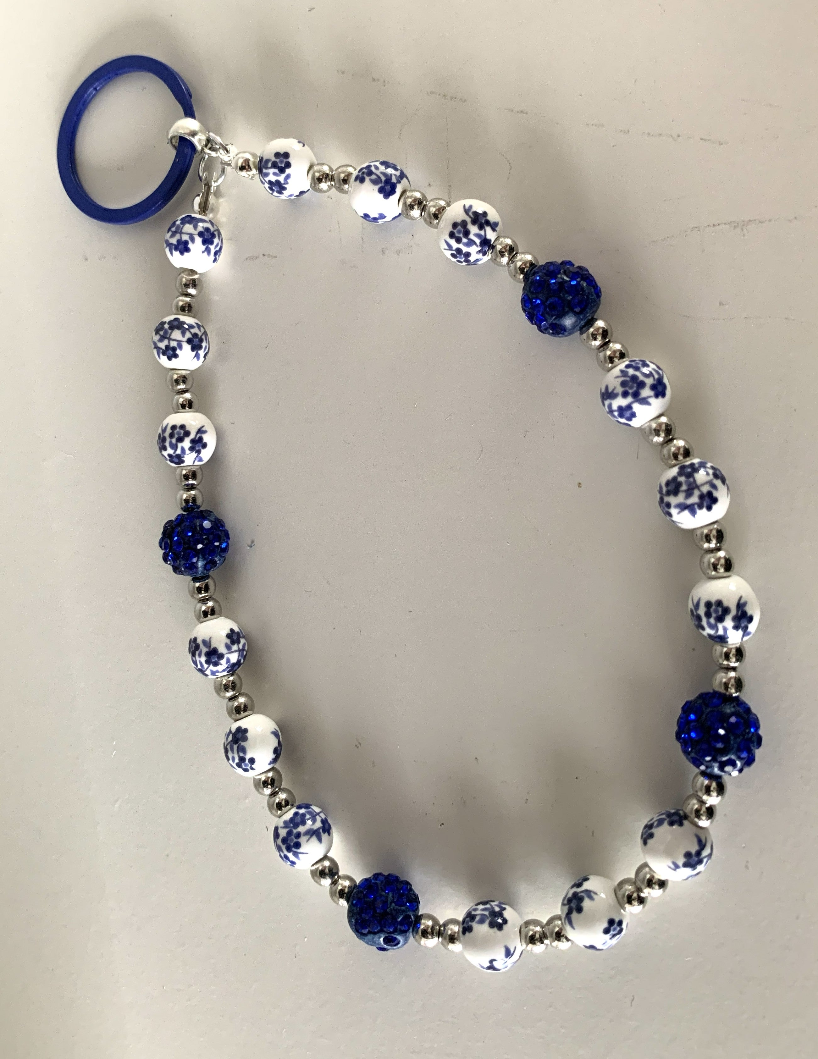 Blue Floral Chinoiserie & Rhinestone Beaded Phone Charm
