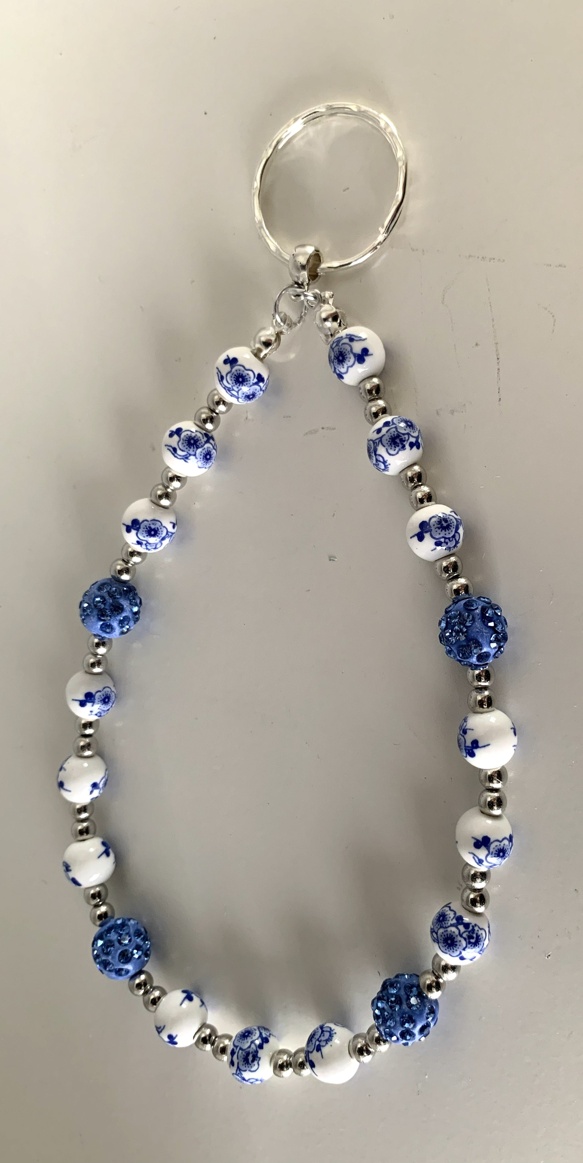 Blue Floral Chinoiserie & Rhinestone Keyring Phone Charm