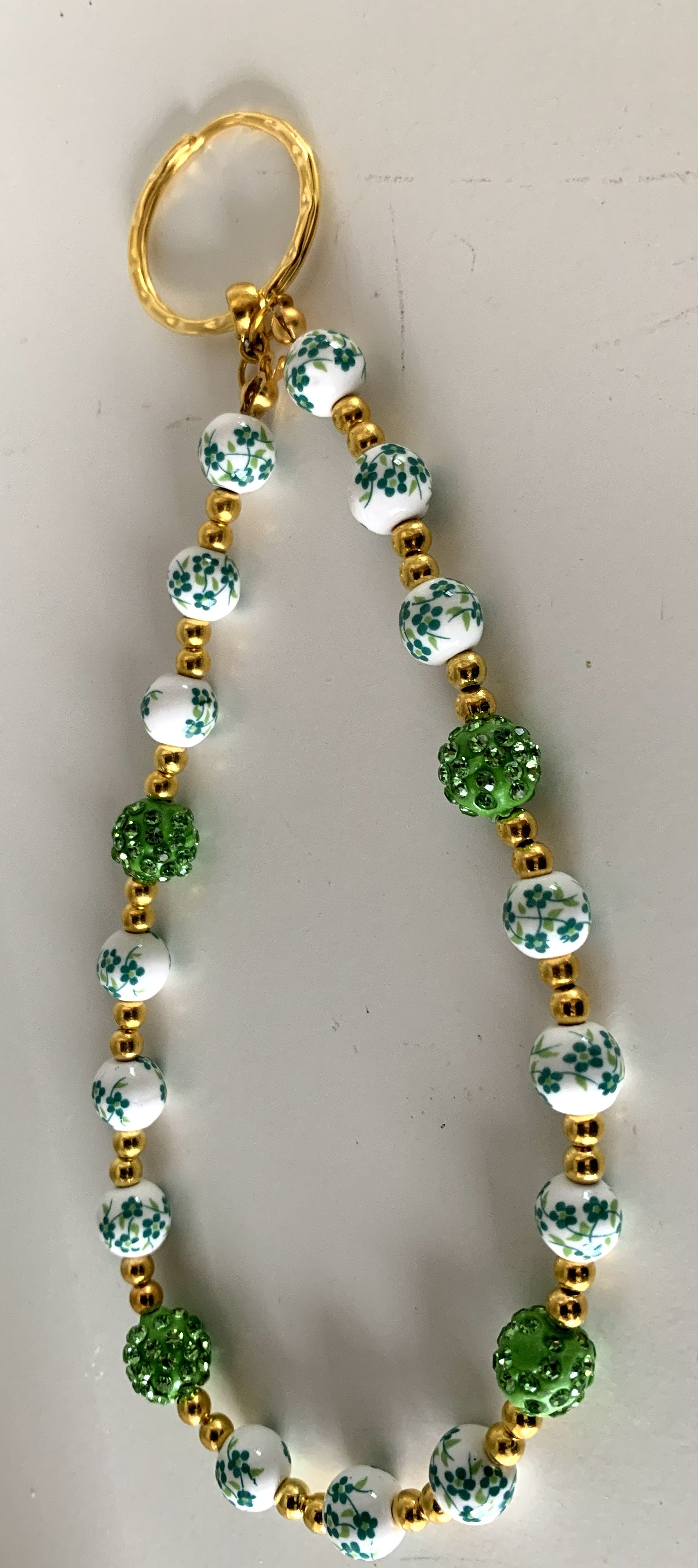 Green Floral Ceramic & Rhinestone Gold Keyring Phone Charm