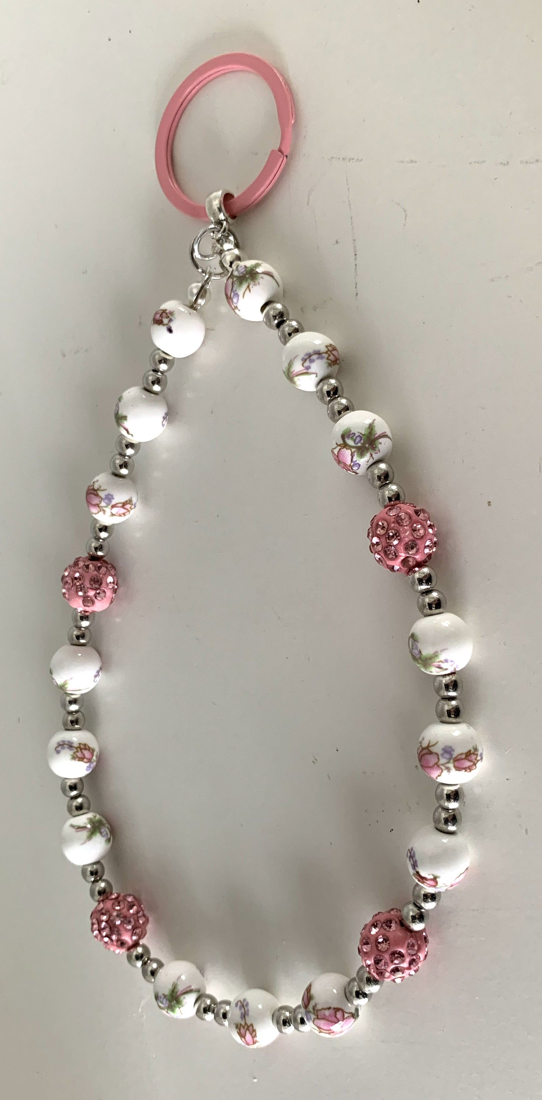 Pink Floral Ceramic & Rhinestone Pink Keyring Phone Charm