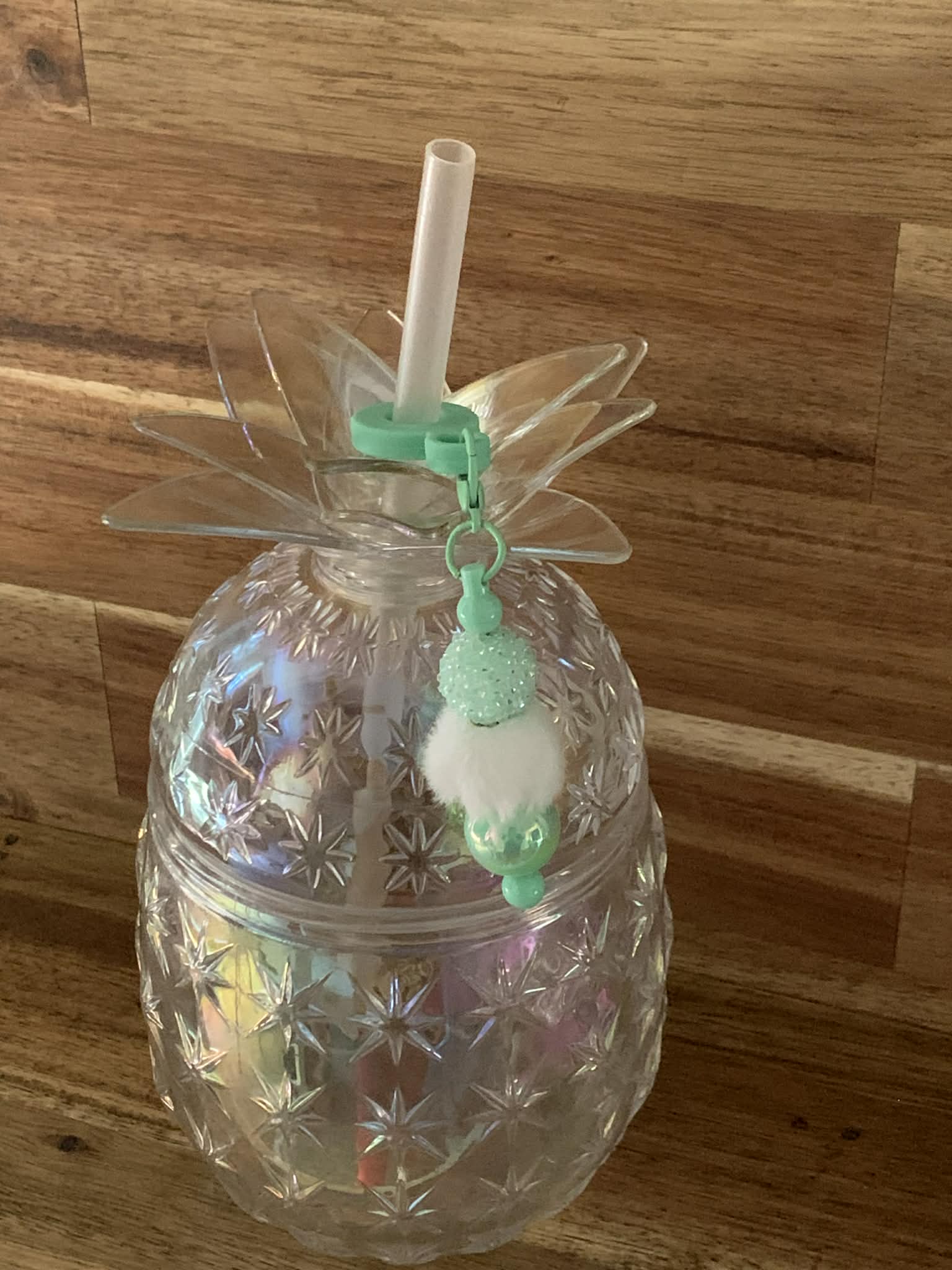 Straw Charm – Mint Glitter Rhinestone, White Pom Pom & Pearl