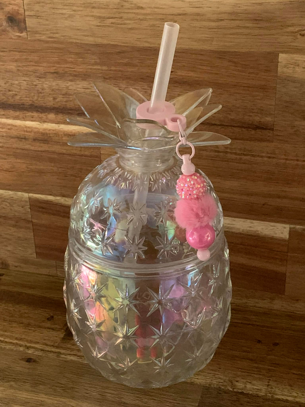 Straw Charm – Blush Pink Iridescent Rhinestone & Pom Pom