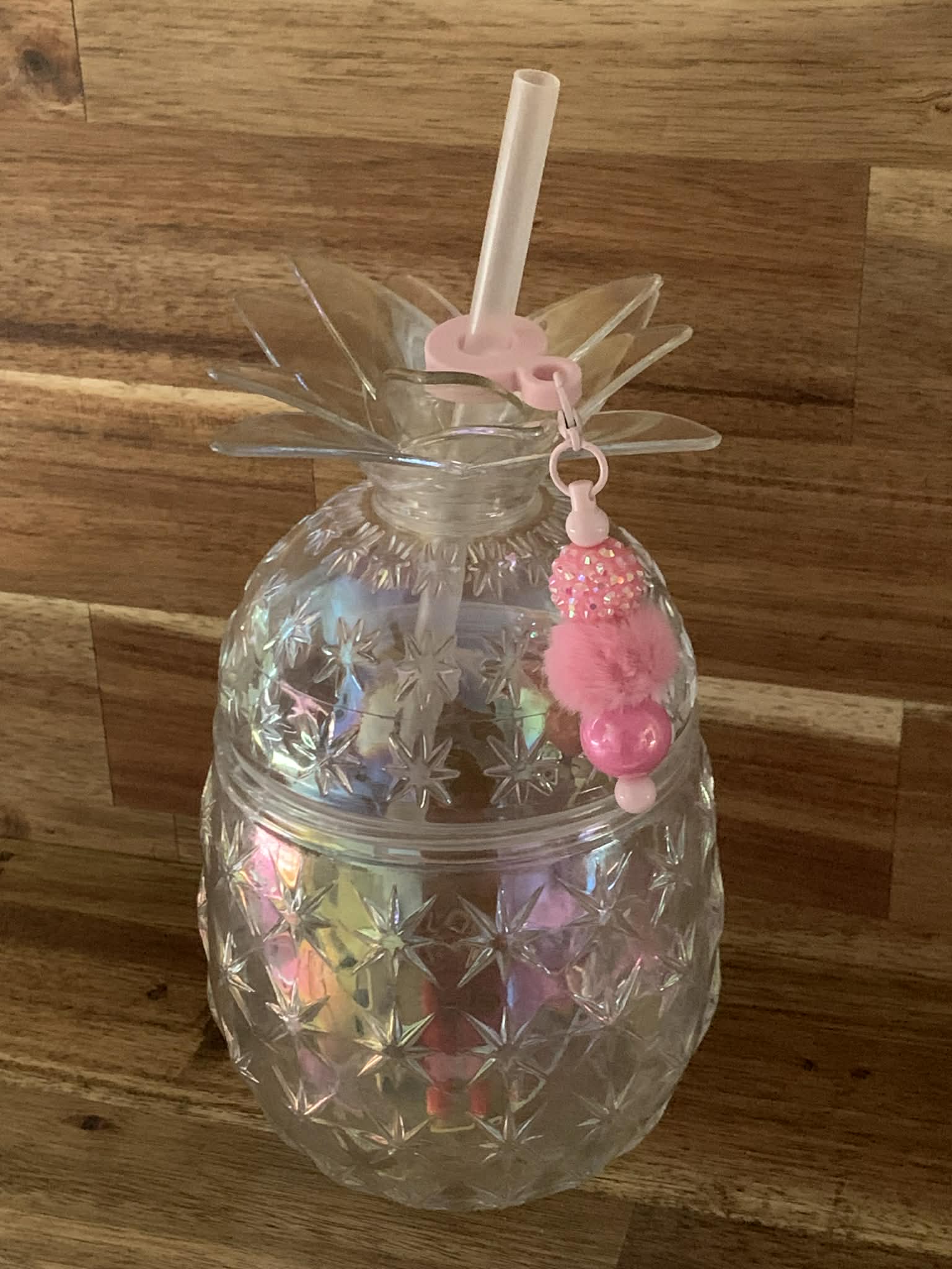 Straw Charm – Blush Pink Iridescent Rhinestone & Pom Pom