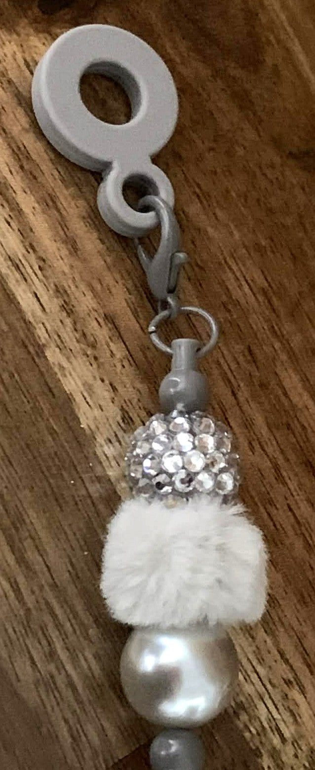 Straw Charm – Silver Rhinestone, White Pom Pom & Pearl